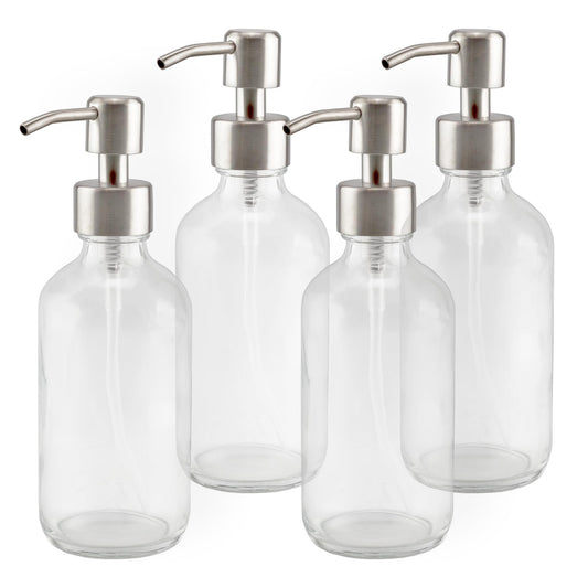 Cornucopia Brands 8oz Clear Glass Bottles w/Stainless Steel Lotion Pumps (4-Pack); Liquid Soap & Lotion Pump Dispensers