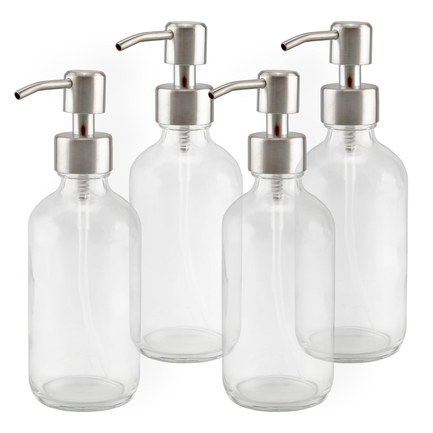 Cornucopia Brands 8oz Clear Glass Bottles w/Stainless Steel Lotion Pumps (4-Pack); Liquid Soap & Lotion Pump Dispensers