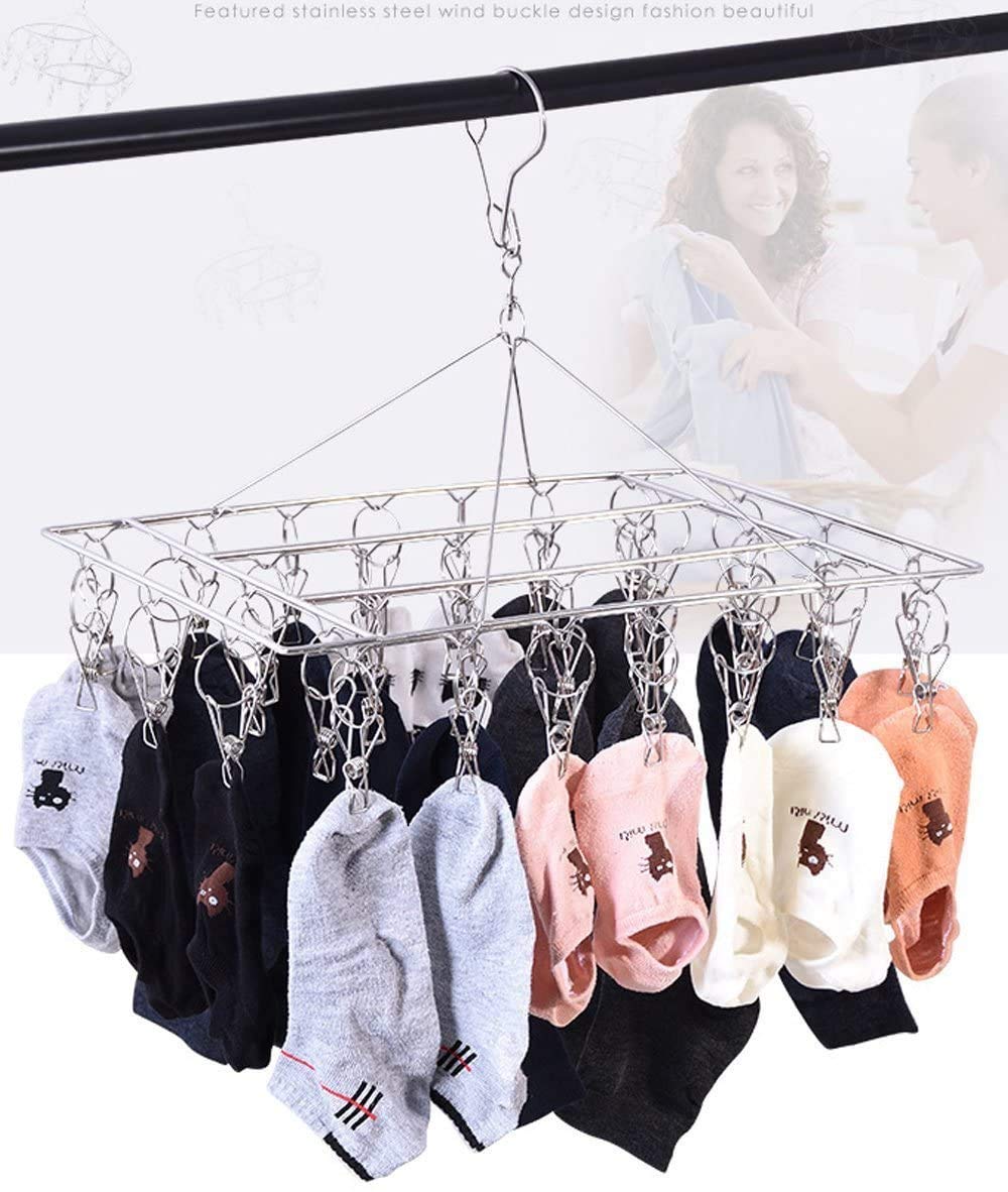 Stainless Steel Sock Drying Rack with 36 Clips, Swivel Hook Wind-Proof Clothes Hanger Rack for Sock, Bras, Underwear, Laundry Accessories