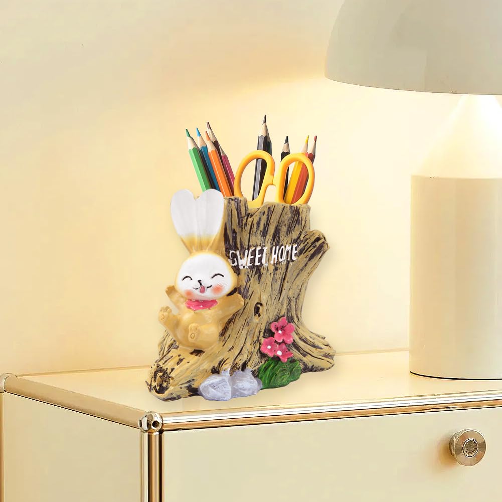 Rabbit Pencil Holder Cute Bunny Pen Container Pencil Cup Animal Pen Holder Desktop Organizer Makeup Brush Holder for Home Office Decoration Christmas Easter Kid School Student Gift (with Stump)