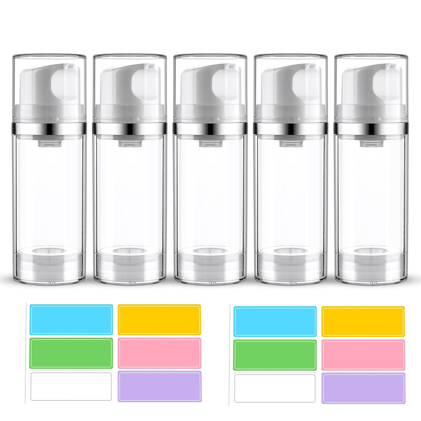 Decorniqu Airless Pump Jar 3.4oz/100ml 5 Pack Airless Pump Bottles Empty Moisturizer Pump Dispenser Travel Pump Bottles for Lotion Toiletries Shampoo Cream with Labels(Clear)
