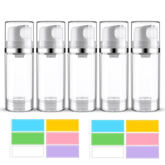 Decorniqu Airless Pump Jar 3.4oz/100ml 5 Pack Airless Pump Bottles Empty Moisturizer Pump Dispenser Travel Pump Bottles for Lotion Toiletries Shampoo Cream with Labels(Clear)