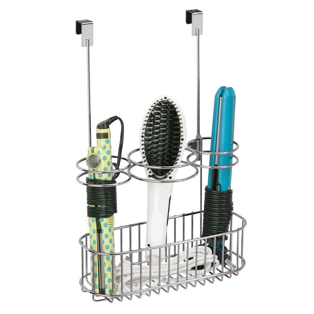 mDesign Over-Cabinet Hair Care Tools Holder for Hair Dryer, Flat Iron, Curling Wand, Straightener - Chrome