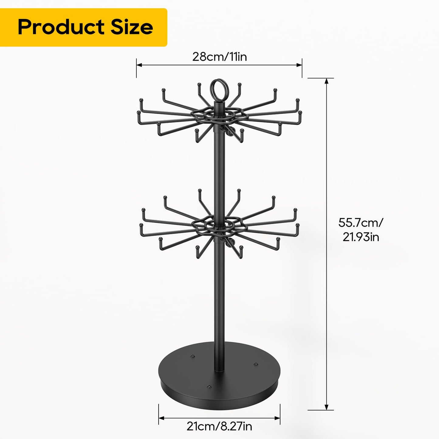ORLESS 2 Tier Rotating Jewelry Display Stand, Keychain Display Stand with 24 Hooks, Black Metal Retail Display Spinning Holder for Vendor, Spinning Display Rack for Necklace Bracelet Earring Organizer