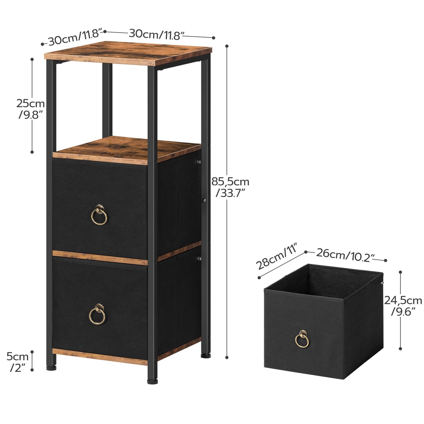 HOOBRO Corner Cabinet, 4-Tier Corner Shelf Stand with 2 Drawers,Bathroom Floor Cabinet, Narrow Storage Cabinet, for Bathroom, Living Room, Rustic Brown and Black BF87CW01
