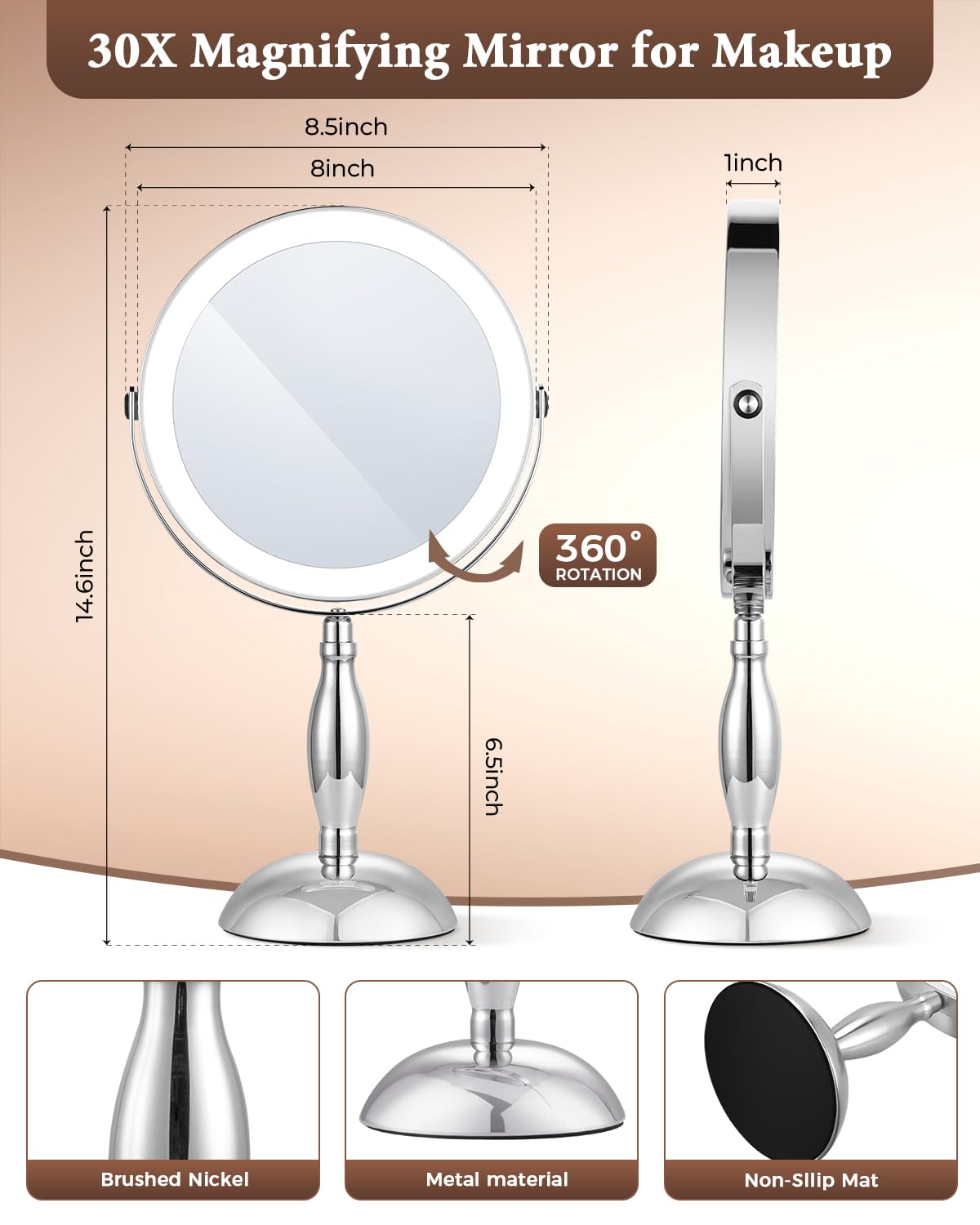 30x Lighted Makeup Mirror with Lights, 8" Double Sided Magnifying Mirror with 3 Color Modes Adjustable Brightness, 5000mAh Rechargeable, 360° Rotation, Side Touch+Side Charging, Vanity Mirror-Chrome