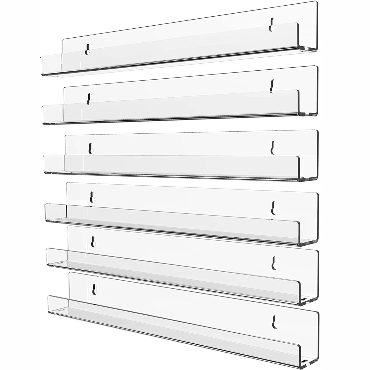 KLGO 15 Inch Invisible Acrylic Floating Wall Ledge Shelf,Wall Mounted Nursery Kids Bookshelf, Invisible Spice Rack, Clear 5MM Thick Bathroom Storage Shelves Display Organizer,Transparent (6 Pack)