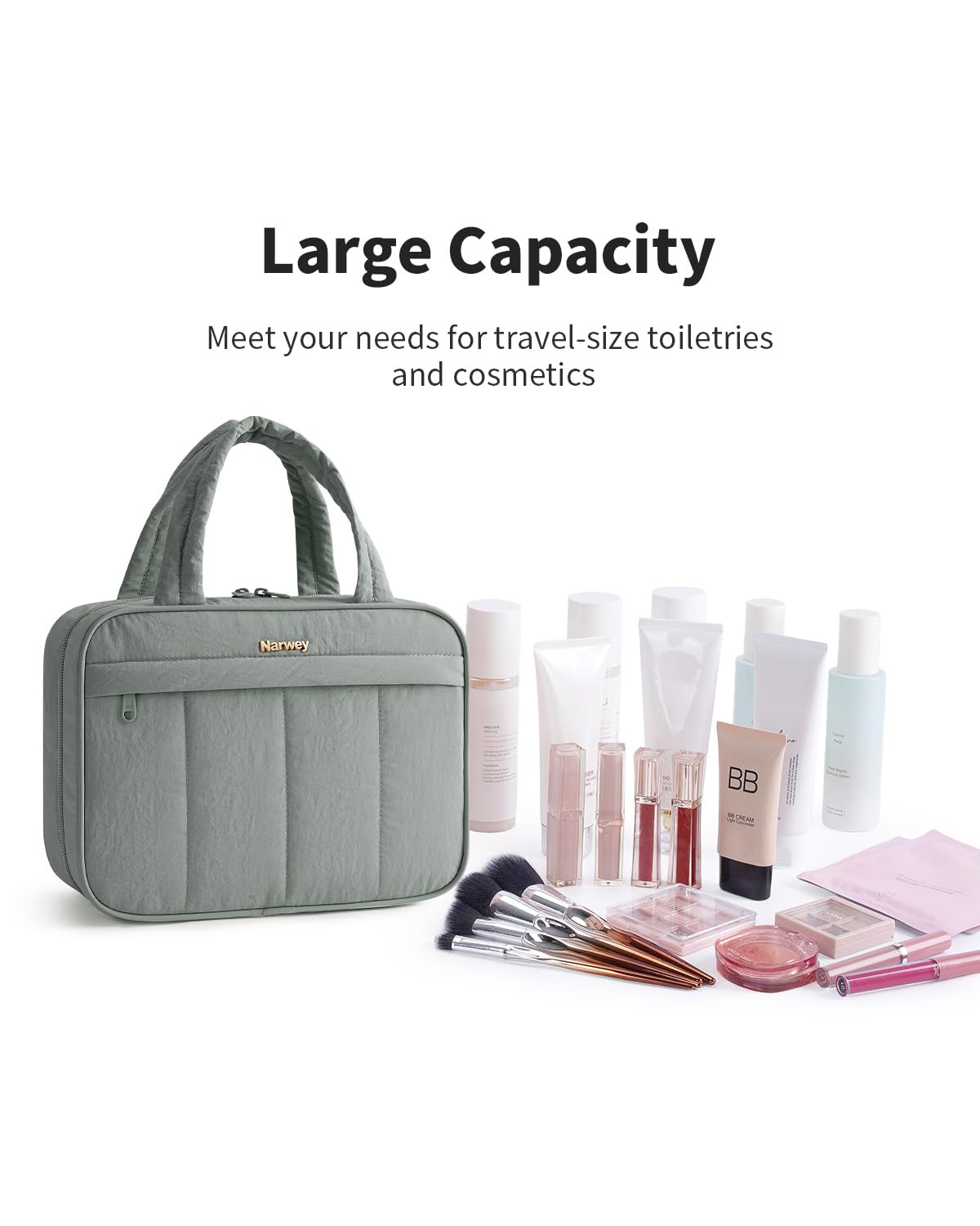 Narwey Hanging Travel Toiletry Bag for Women, Quilted Makeup Bag Organizer with Handle, Travel Bathroom Bag, Portable Toiletries Bag for Essentials, Accessories, Brushes, Cosmetics (Sage Green)