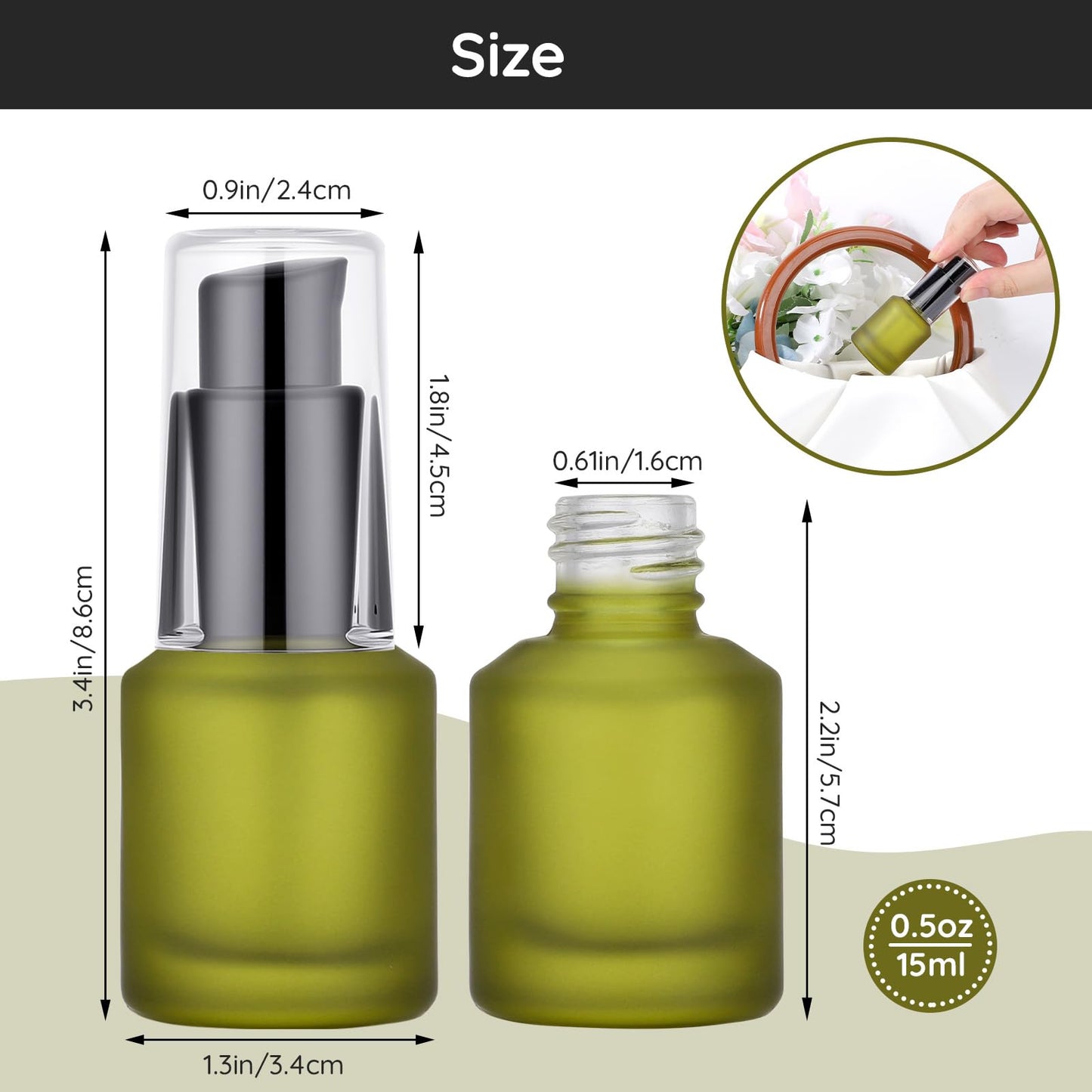 Segbeauty 0.5oz Frosted Glass Travel Size Containers for Lotions, 5pcs Mini Empty Lotion Bottles Pump Dispenser Refillable, 15ml Green Travel Containers for Creams, Small Hair Oil Pump Bottle Liquids