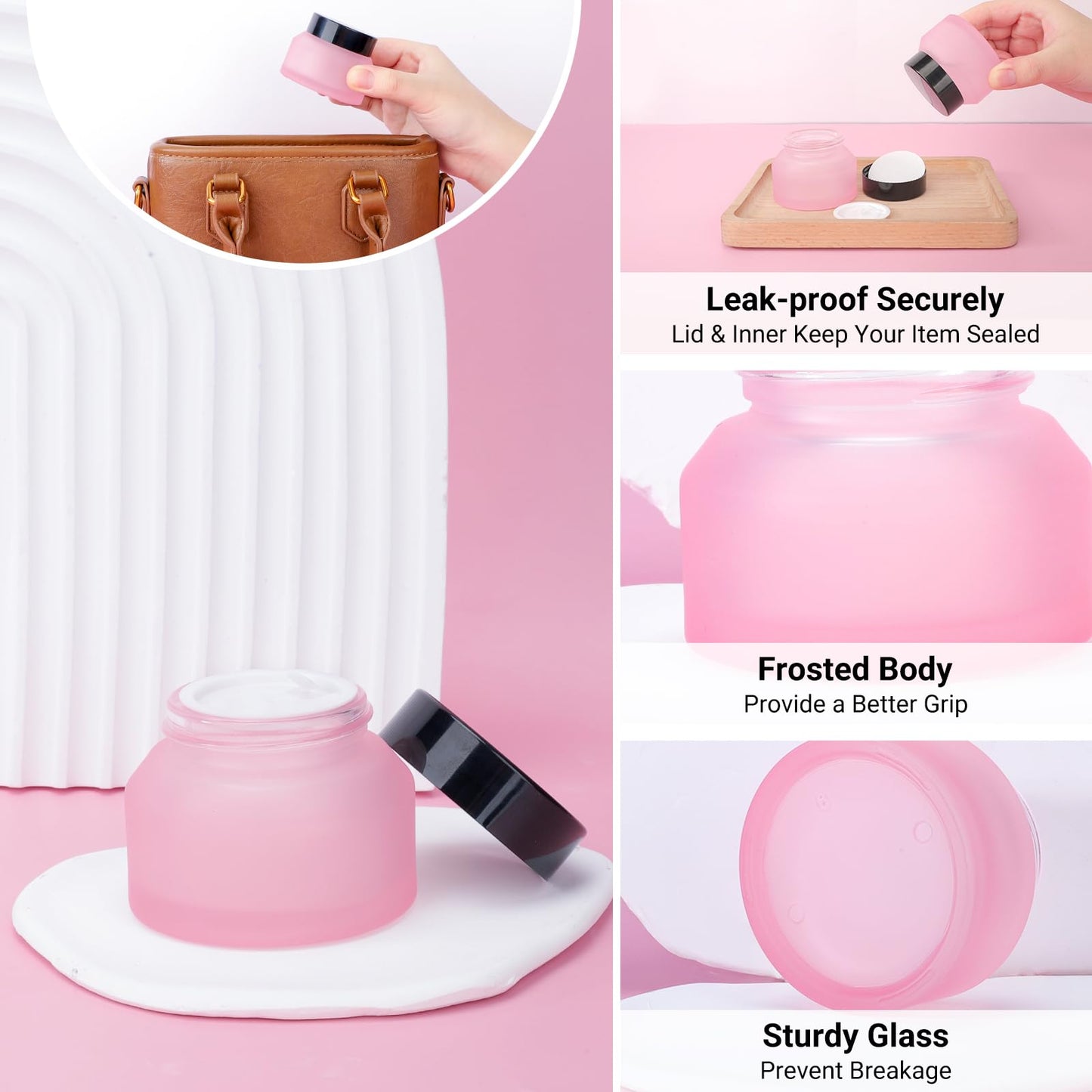 Segbeauty 1.7oz Small Frosted Glass Containers with Lids, Small Refillable Glass Jar for Lotion Cream Jars with Lids, Pink Travel Size Containers 4pcs 50ml, Empty Travel Size Bottles Jar with Spatulas