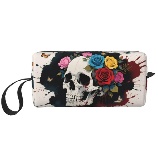 OLUSENMO Bold Skull & Roses Makeup Bag Small Compact & Durable Travel Cosmetic Bag Organizer Oxford Fabric Impact-Resistant Multi-Purpose Storage Perfect for Travel, Gym, Daily Use