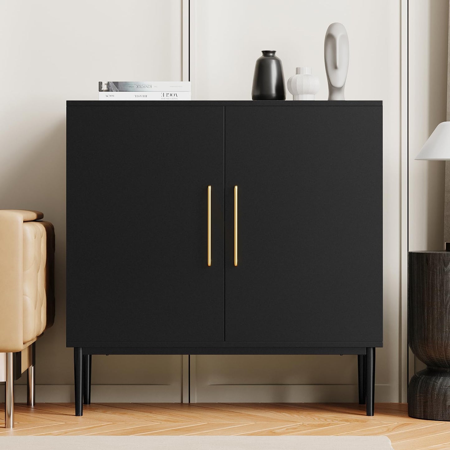 REHOOPEX Black Storage Cabinet with Doors, Modern Accent Cabinet, Free Standing Cabinet with Adjustable Shelf, Wooden Buffet Sideboards for Living Room, Kitchen, Dining Room, Entryway