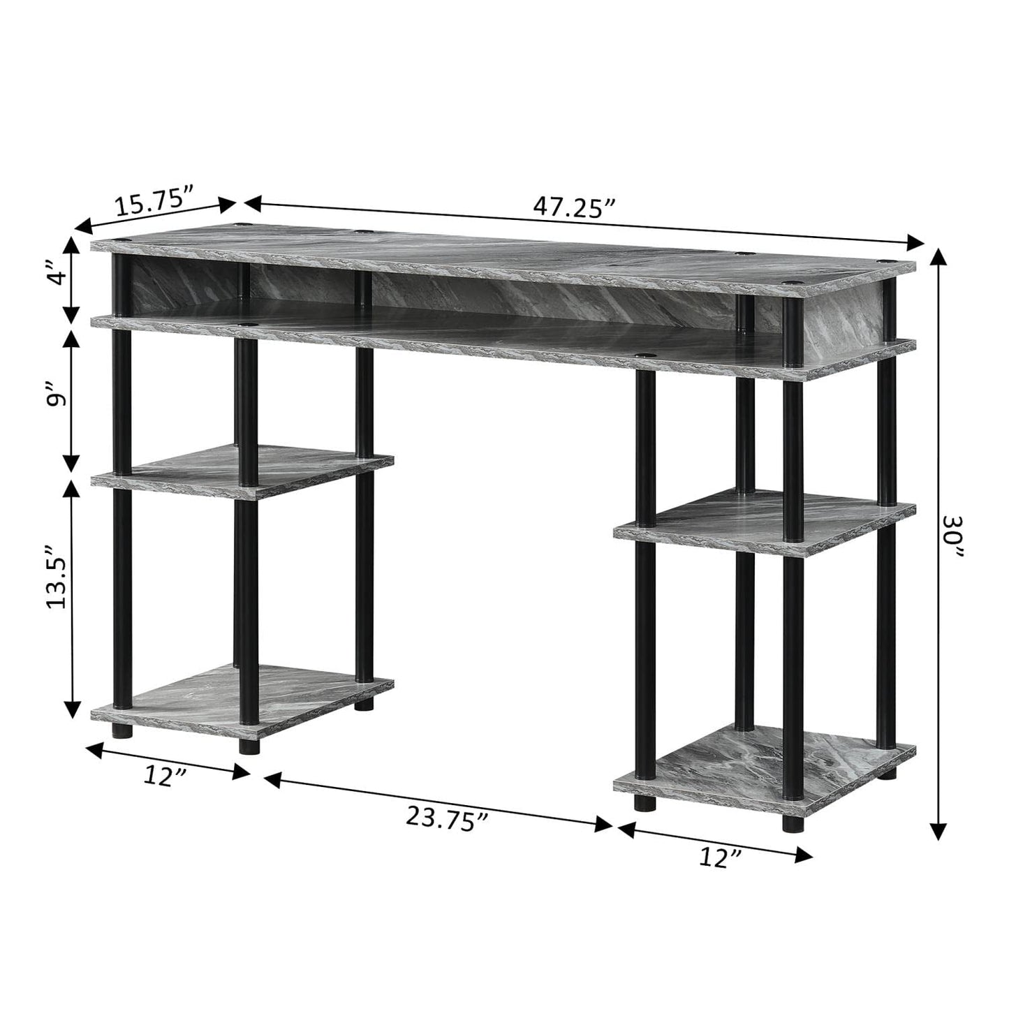 Convenience Concepts Designs2Go No Tools Desk Home Office Desk with Shelves, Corner Shelf Vanity Desk Computer Desk Nail Table for Nail Tech - 47.25" L x 15.75" W x 30" H, Gray Marble/Black