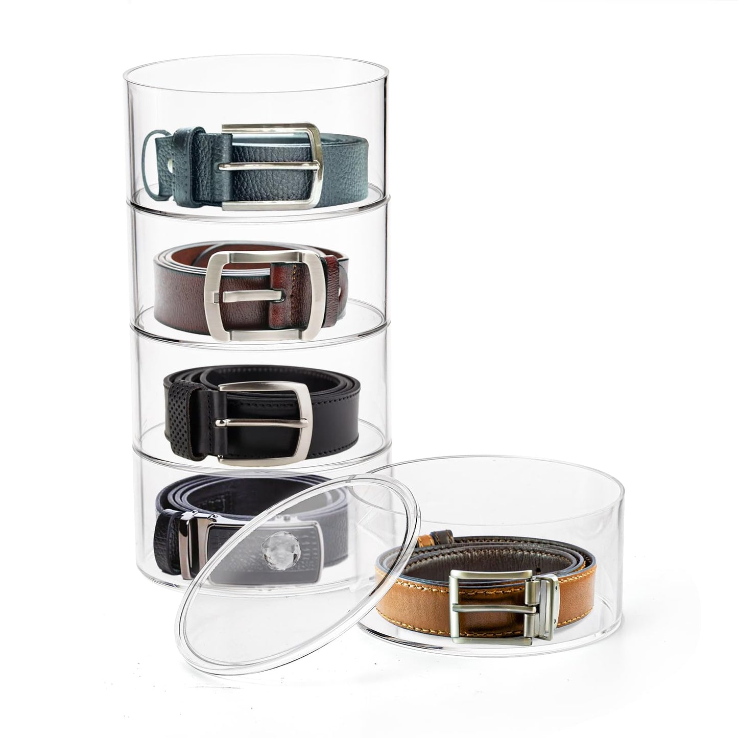 ZENFUN 5 Layers Acrylic Belt Organizer, Stackable Belt Storage Box Clear Display Case Vanity Organizer for Watch, Hair Accessories, Jewelry, Closet and Drawer, 2.6" H x 5.5" Dia