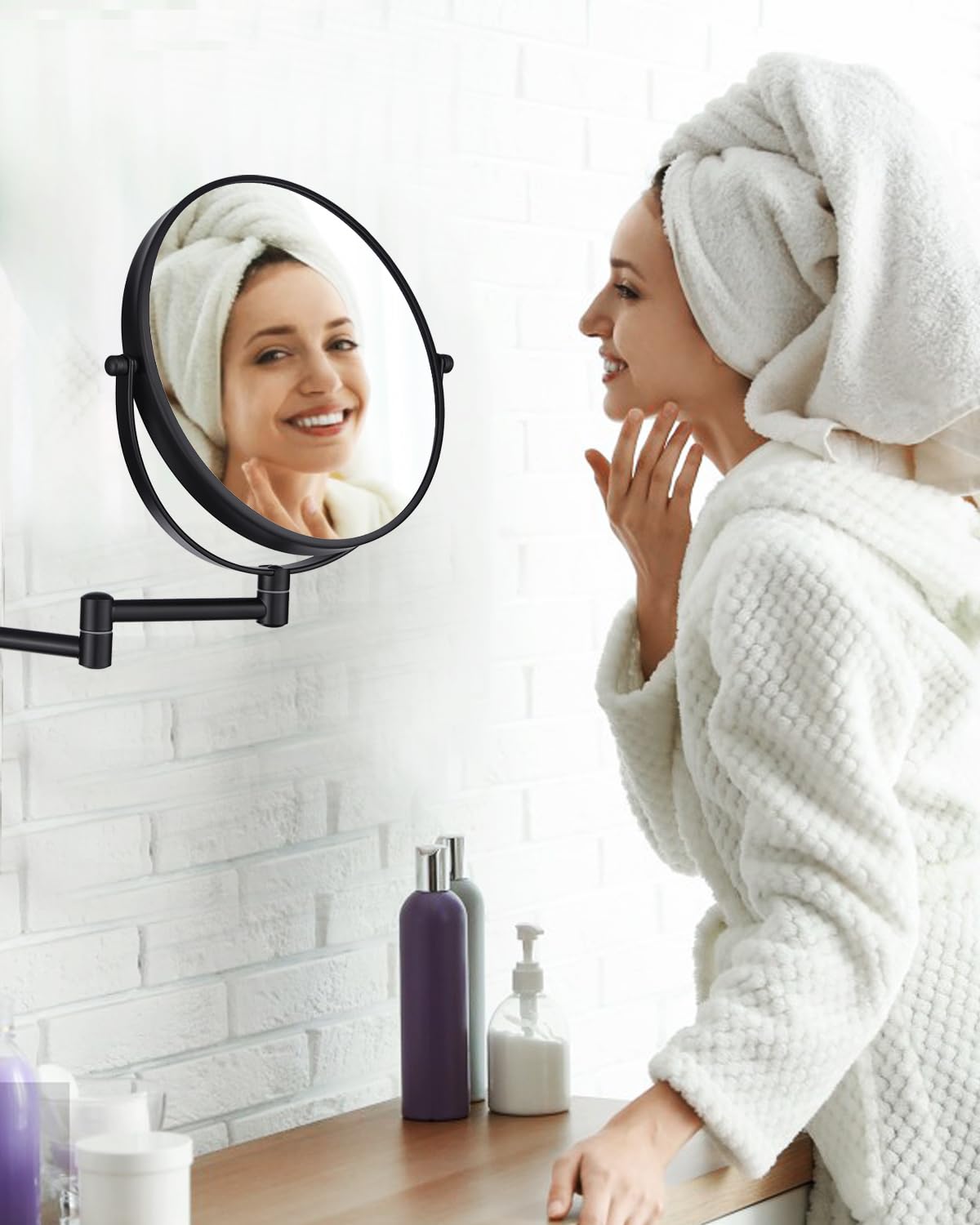 Wall Mounted Makeup Mirror - 1X/10X Magnifying Mirror for Wall, 8 Inch Double Sided 360° Swivel Extendable Bathroom Mirror for Shaving, Black