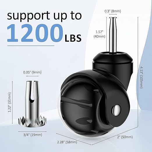 2 Inch Ball Caster Wheels - Stem Casters Set of 4,Heavy Duty 1200 LBS,360° Swivel,Non Marking Polyurethane,Black Replacement Castors for Furniture, Cabinet, Cart,Coffee Table (Premium Black)