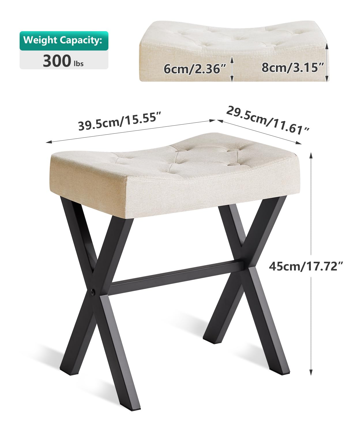 IBUYKE U-Shaped Linen Vanity Stool, Square Makeup Chair with X-Leg, Ottoman Seat Footrest Stool, Multi-Use as Small Side Table, for Bedroom, Living Room, Linen WBD018Y