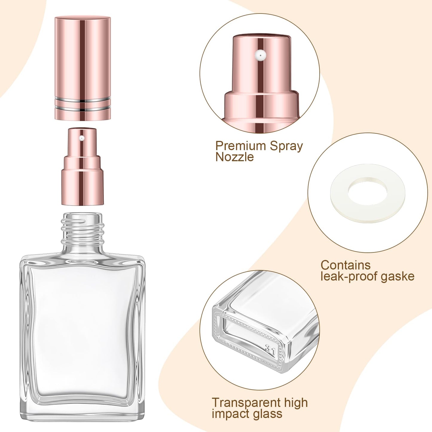 Domensi 30 Pcs 10/15/30/50 ml Glass Square Perfume Bottles Mini Glass Empty Spray Atomizer Bottles Bulk Refillable Perfume Dispenser Container with Pump Tool for Travel (15 ml,Rose Gold)