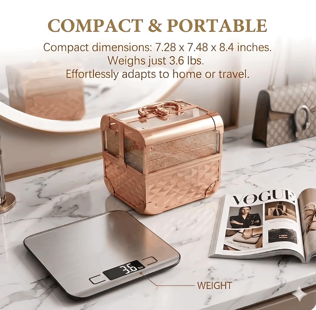 VETALLO Makeup Train Case Travel - Portable Cosmetic Storage Organizer Box Adjustable With 2 Trays, With Lock And Compartments,8.4 Inch Gold