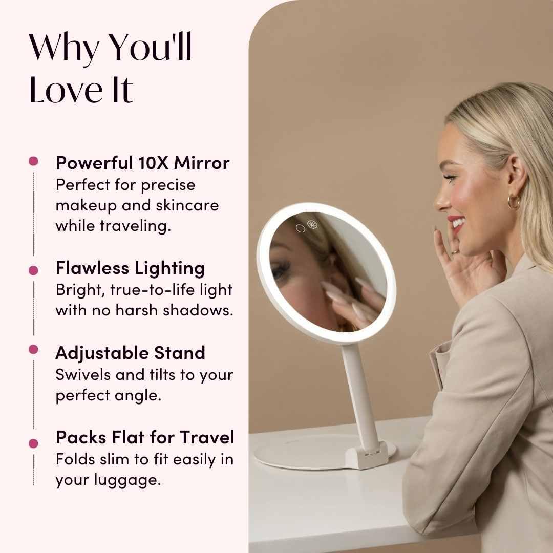 Fancii 10x Travel Magnifying Makeup Mirror with Lights, Rechargeable, Height Adjustable 8" Stand, 3 Dimmable Color Modes, Portable LED Vanity Mirror (Abigail)
