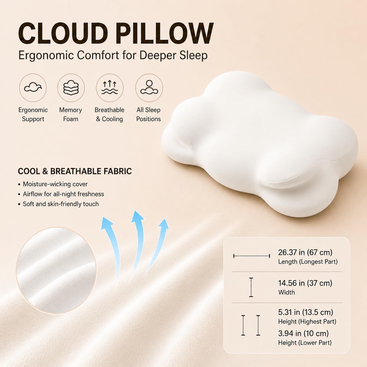 Mellow Cloud Pillow, 𝐍𝐨𝐭 𝐌𝐢𝐧𝐢 26.38x14.57x3.94 in Size,Ergonomic Memory Foam Pillow,Stable support for Cervical Neck,Cooling Breathable Pillowcase,Cervical Neck Pain Relief for Side Sleepers