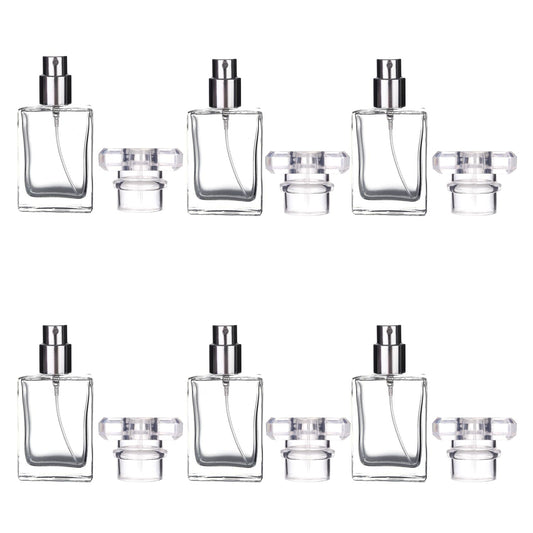 6 Pack 30ml / 1 Oz Transparent Refillable Perfume Bottle, Portable Square Empty Glass Perfume Atomizer Bottle Spray Applicator with 4 kinds of perfume dispenser(6 Pack 30ml / 1.01 oz. Transparent