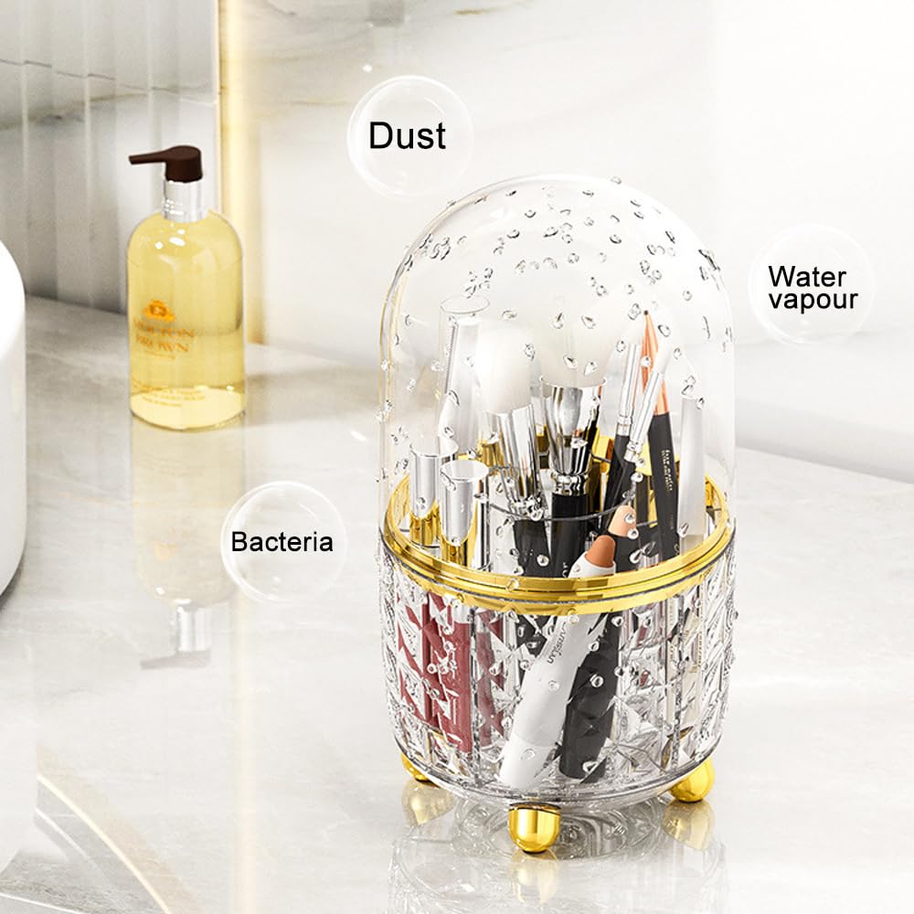 Haiansan Makeup Brush Holder with Dustproof Lid, 360° Rotating Makeup Organizer, Spinning Cosmetic Organizer Pen Holder for Vanity Bathroom (Clear Gold)