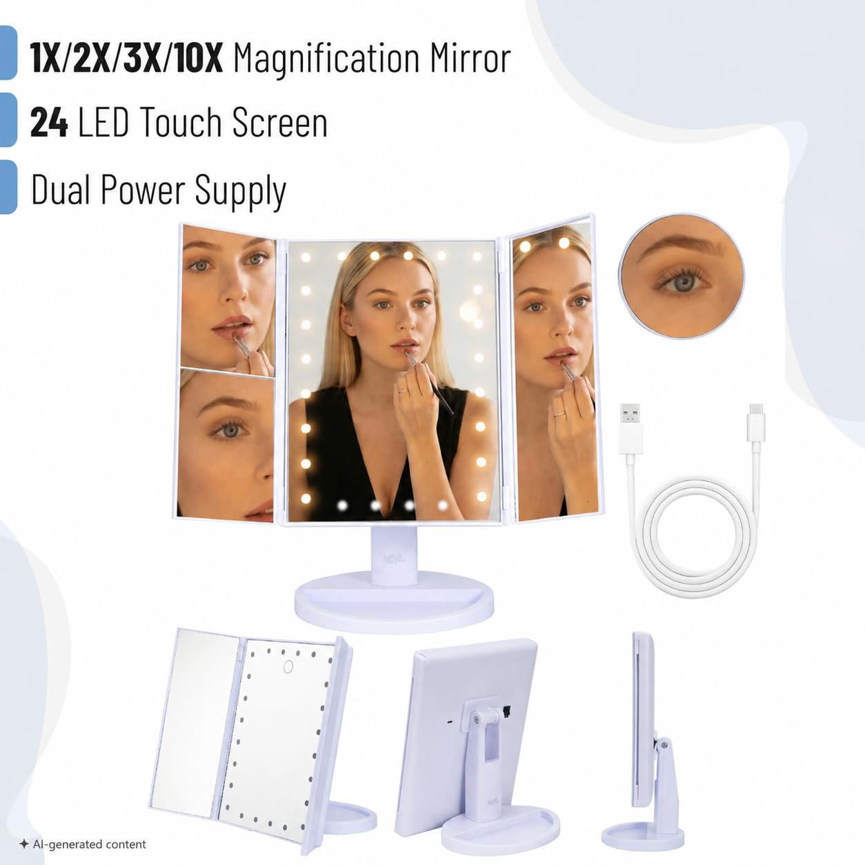 Ms. Pen- Tri-Fold Makeup Mirror Vanity with Lights, 9" x 13.6"