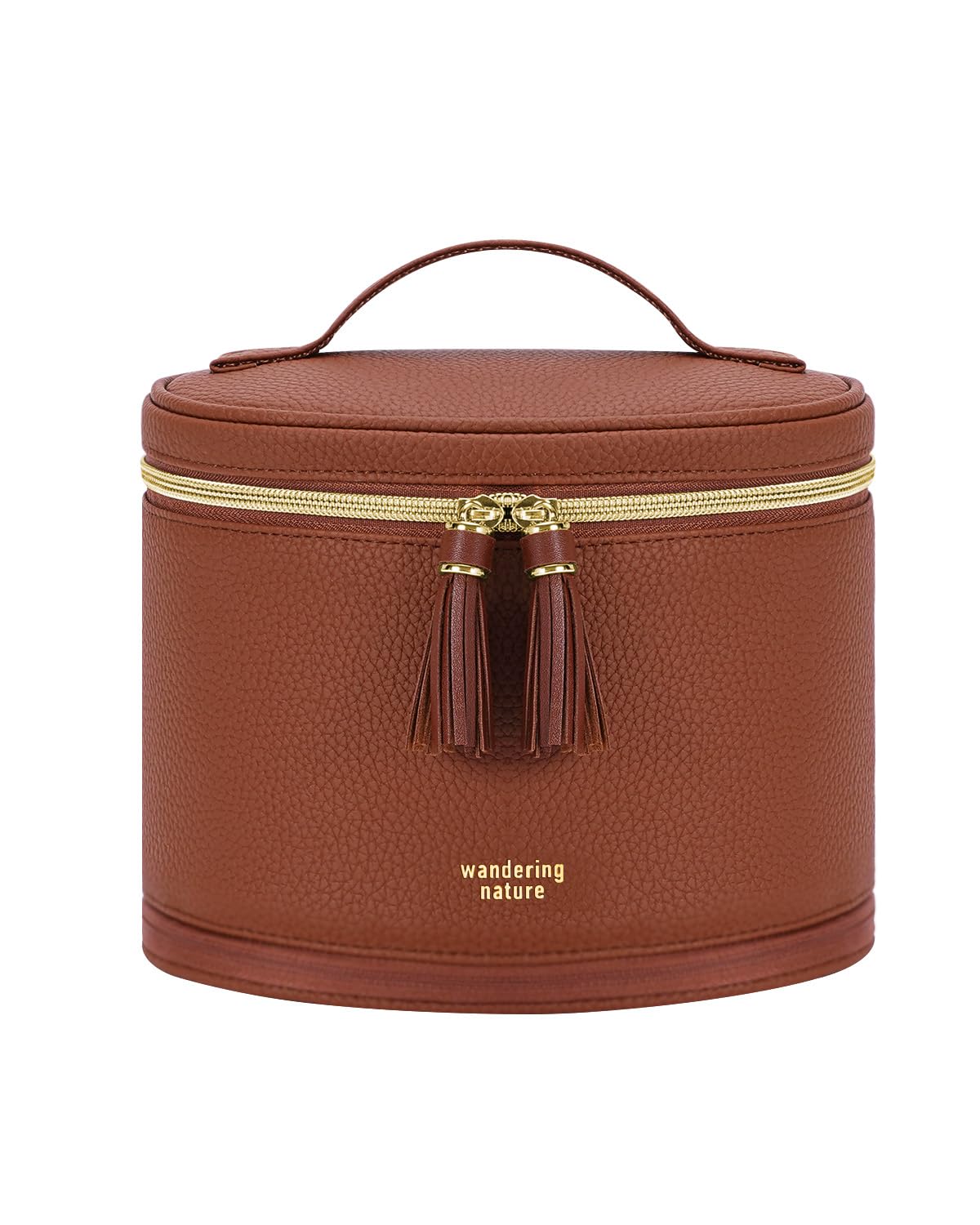 Wandering Nature Travel Makeup Bag for Women, Structured Vanity Case with Wipe-Clean EVA Interior & Removable Divider, Brush Loops, Fold-Flat PU Leather Makeup Case with Handle