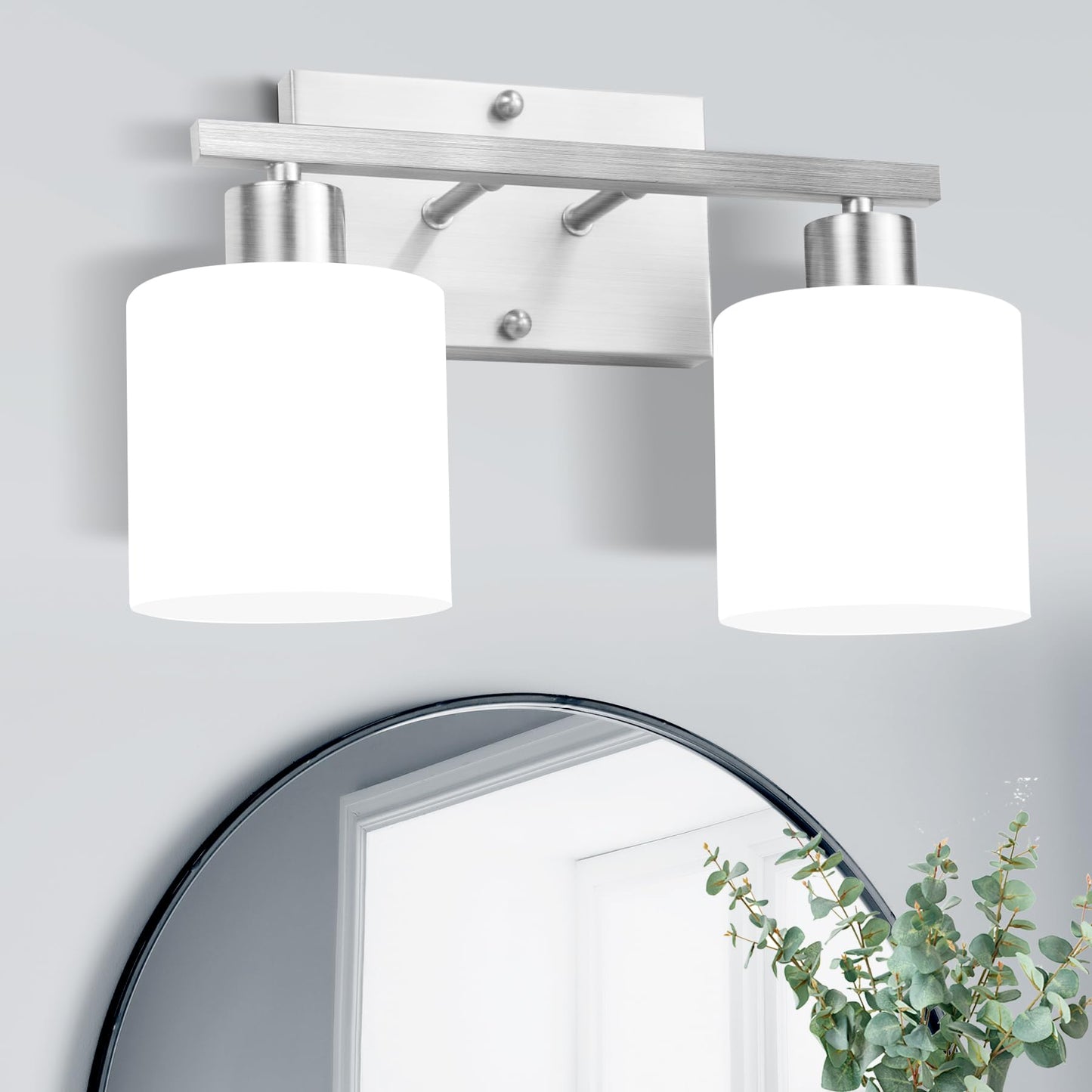 SILAMPDI Bathroom Lighting Fixtures Over Mirror Brushed Nickel, Modern 2-Light Vanity Lights Fixtures, Wall Sconces Light for Bedroom, Hallway, Milky White Glass Shades, E26 Base, Bulbs Not Included