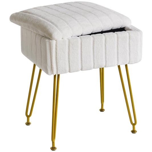 IBUYKE Vanity Chair with Storage Space, Footrest Ottoman, Small Side Table, Vanity Stool for Makeup Room, Bedroom, with Anti-Slip Feet, Faux Fur, White LG-50W