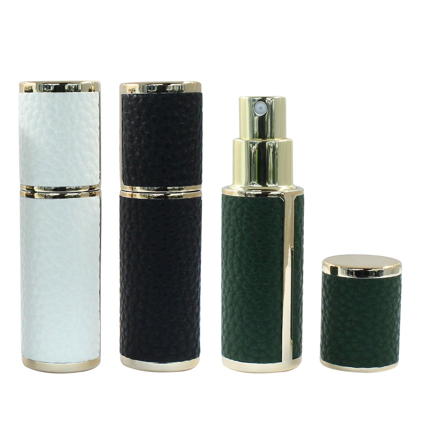 Zorfeter 3 Pack Travel Perfume Bottle, Refillable Mini Atomizer Leather Sprayer, Portable Cologne Dispenser for Travel/Essentials(White, Black, Green)
