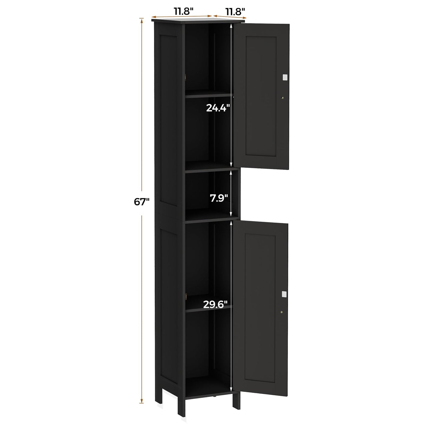 Homleke Tall Bathroom Storage Cabinet with 2 Doors, 67"H Narrow Storage Cabinet with Adjustable Shelves& Anti-Tip Design, Reversible Door Installation, Easy Assembly, 11.8 x 11.8 x 66.9 Inches, Black