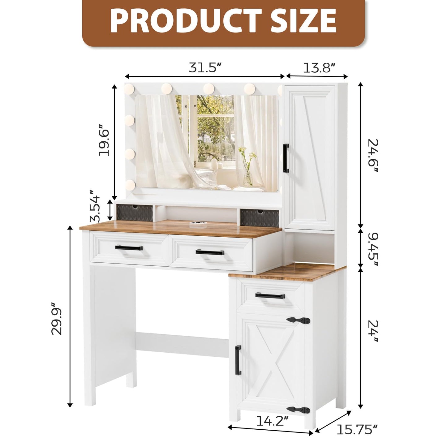 Topcomfy Vanity Desk with LED Mirror, Charging Ports, Farmhouse Makeup Vanity Desk with 3 Drawers & Jewelry Storage, 3 Adjustable Light Colors, Makeup Vanity, White