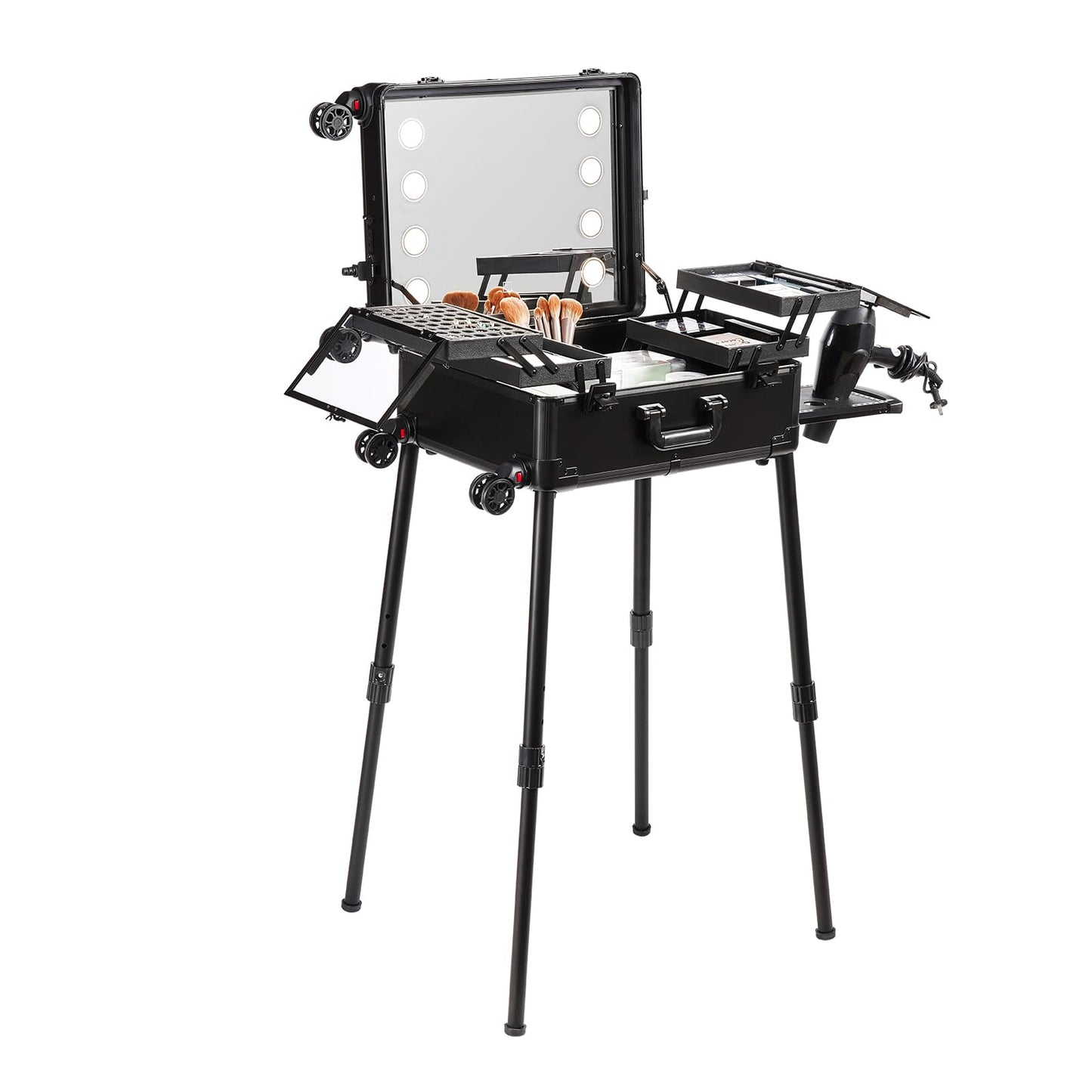 VEVOR Makeup Train Case with Lock, Lighted Mirror, 4 Storage Trays, Brush Holder, Travel Cosmetic Organizer Box w/Swivel Wheels, Professional Artist Trolley Studio Free Standing Case