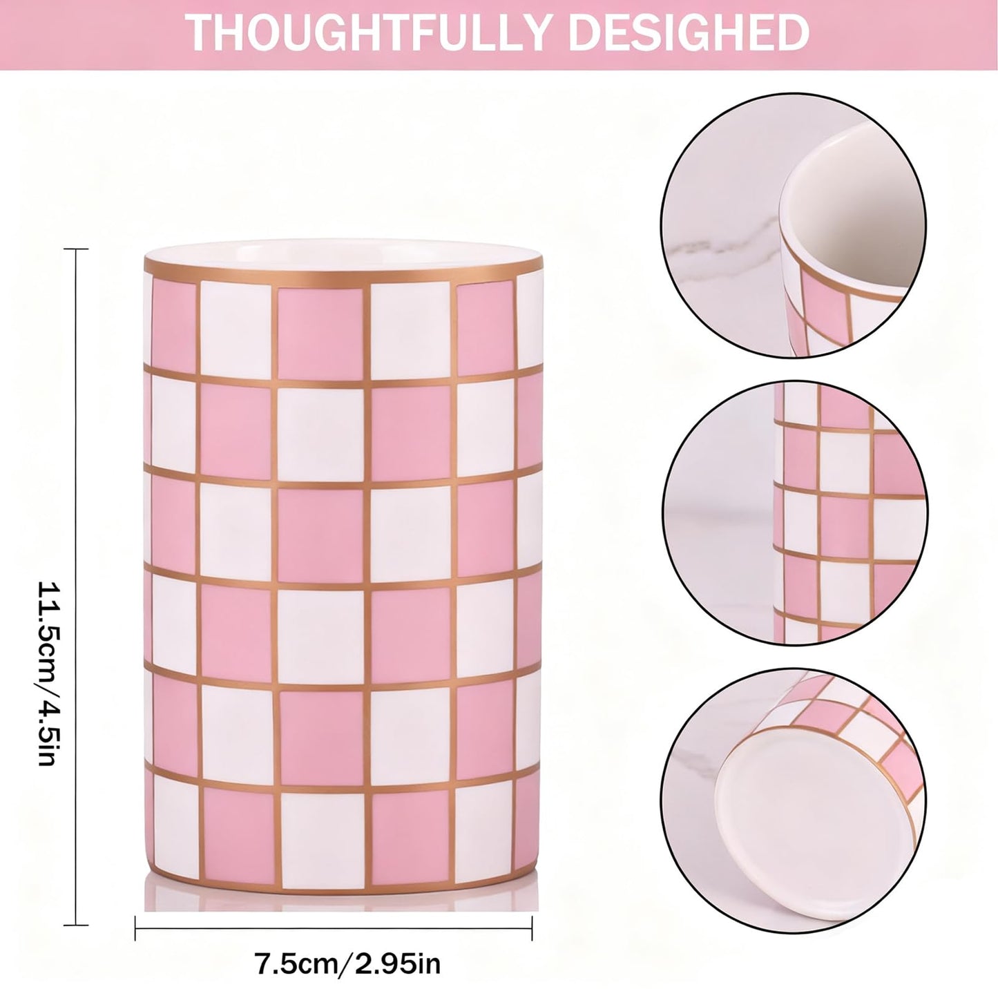 XYQXYQ Ceramic Checkered Pen Holder For Desk,Cute Stand Black And White Pencil Cup,Durable Ceramic Pencil Cup, Decorative Makeup Brush Holder Cup, Stationery Holder for Office, School, Home (Pink)