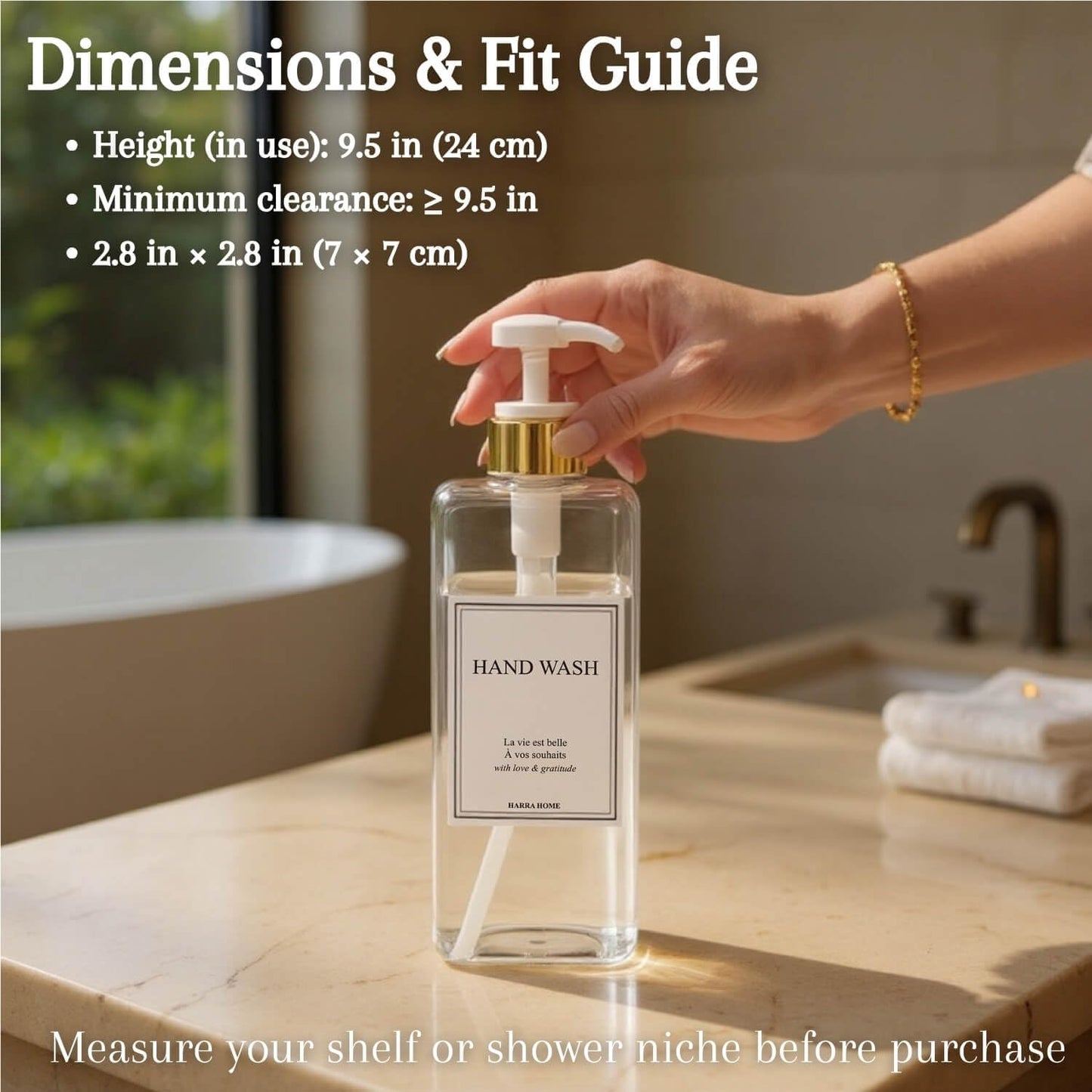 Modern Gold Design Shampoo and Conditioner Dispenser, Large 27oz Shower Soap Dispenser, Set of 3 Refillable Empty Plastic Pump Bottles for Bathroom, 6 Waterproof Labels Included, (Clear & White)