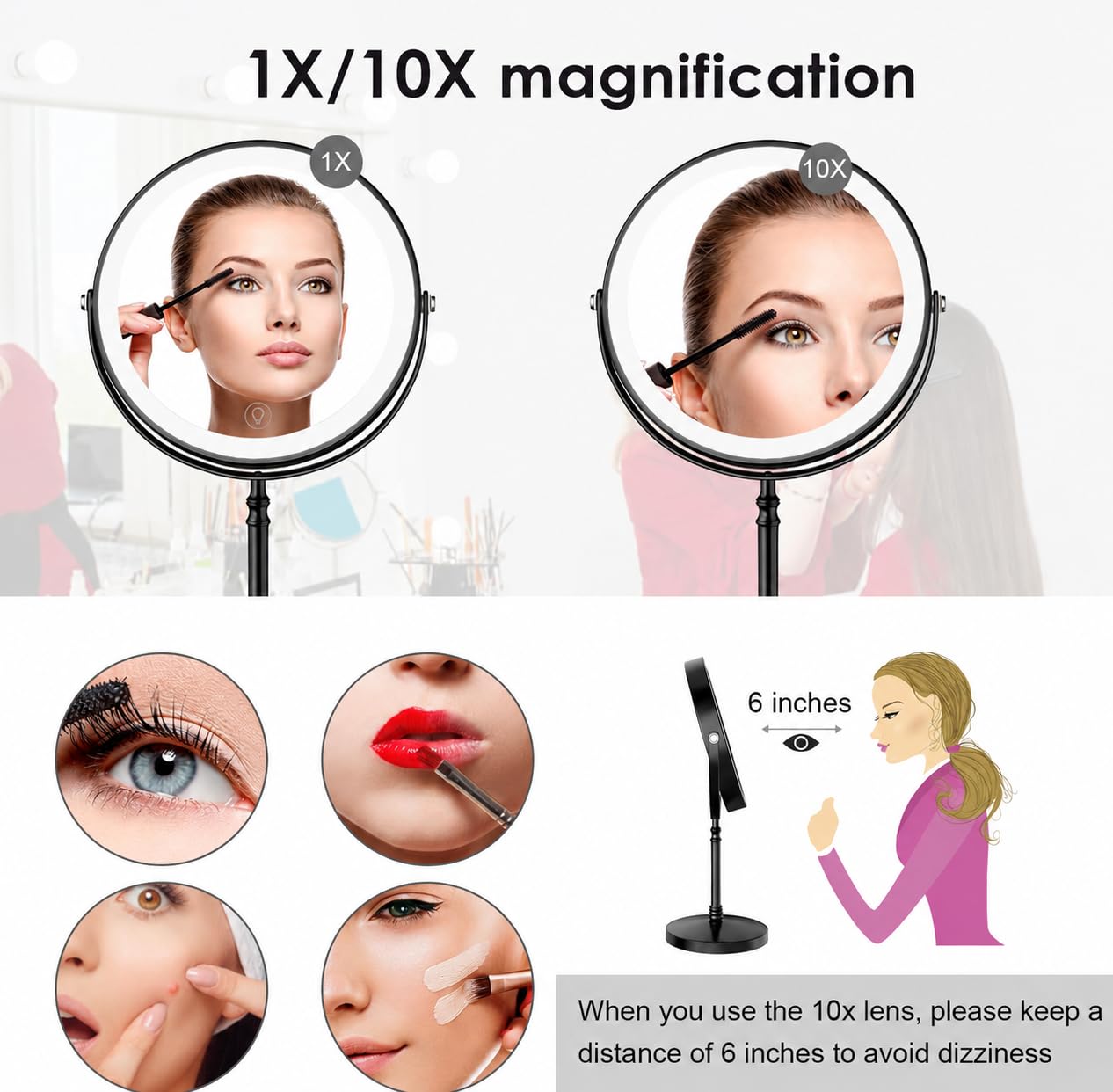 DEIOVWXS Makeup Mirror, Rechargeable Vanity Mirror with 3 Lights, 1X/10X