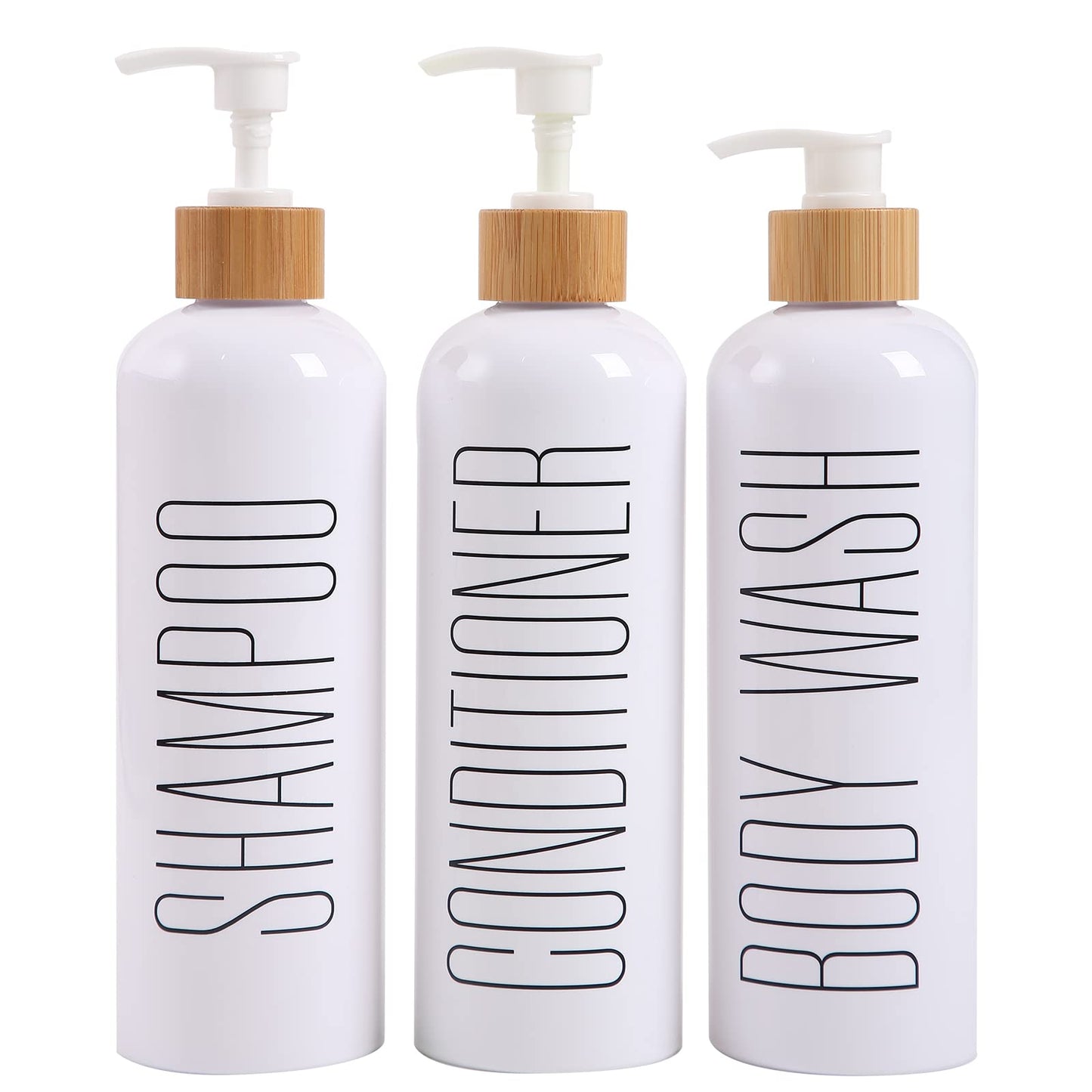 HOMCDALY Shampoo and Conditioner Dispenser, 16oz 3-Pack Refillable Shampoo and Conditioner Bottles, Empty Shampoo Bottles Refillable with Bamboo Pump, Bathroom Shower Shampoo Dispenser Set