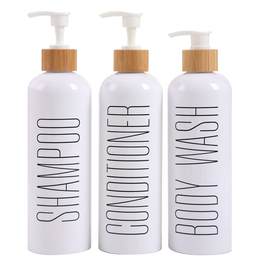 HOMCDALY Shampoo and Conditioner Dispenser, 16oz 3-Pack Refillable Shampoo and Conditioner Bottles, Empty Shampoo Bottles Refillable with Bamboo Pump, Bathroom Shower Shampoo Dispenser Set