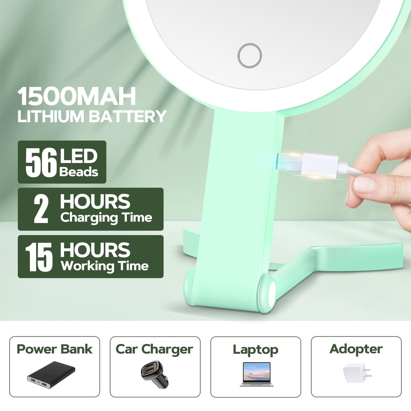 MIYADIVA Lighted Makeup Mirror, 30X Magnifying Mirror with Light, Hanging and Handheld Mirror with Handle, Green