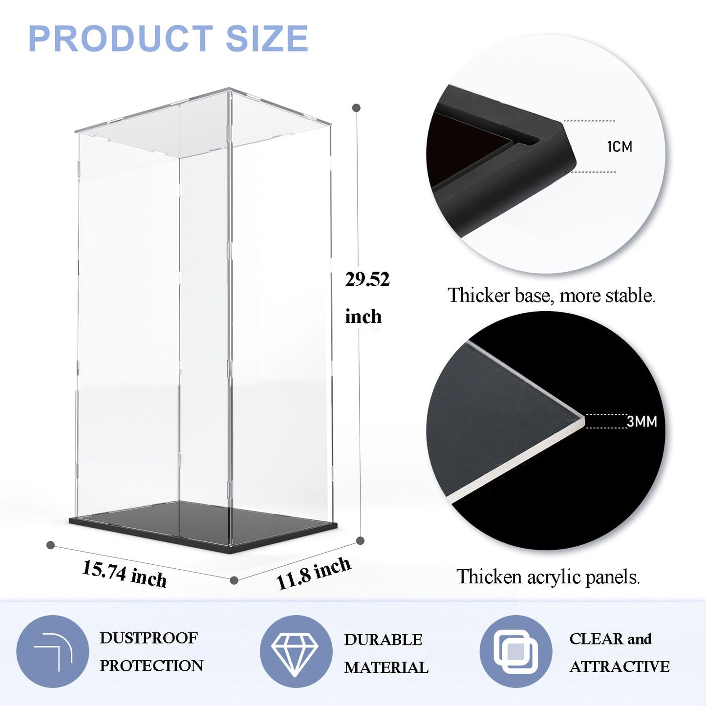 DuvinDD Acrylic Display Case for Large Collectibles, 29 inch Tall Clear Display Box for Lego NASA Artemis 10341 42221, for Bearbrick 1000% Doll, Dustproof Protective Showcase with Black Base