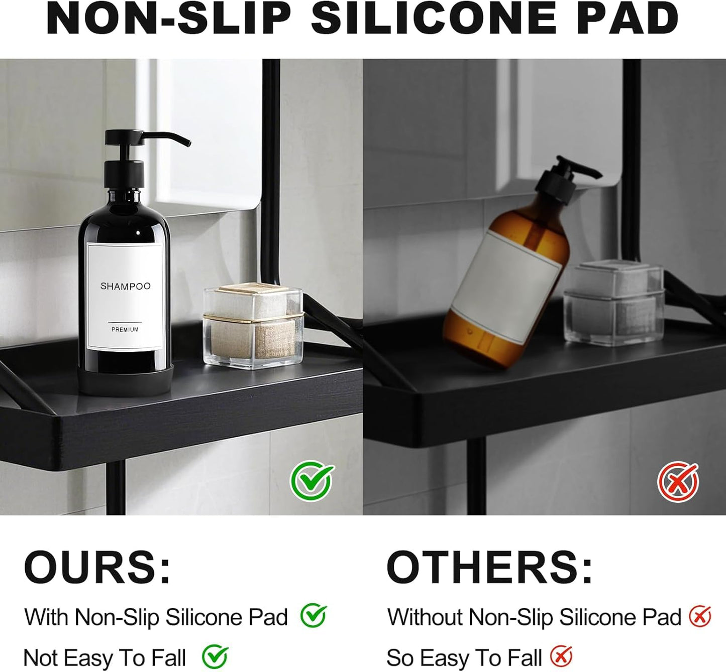 GMISUN Plastic Shampoo and Conditioner Dispenser with Silicone Sleeves, 21 oz Black Shower Soap Dispenser Bottles with Labels, Refillable Shampoo Conditioner Body Wash Dispensers Set of 3