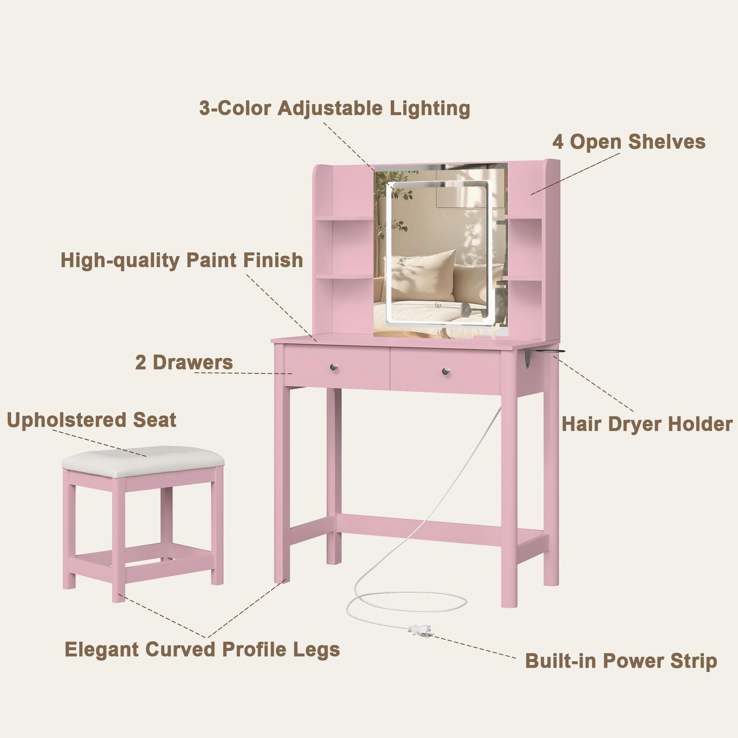 ProsperHaven Vanity Desk with Mirror and LED Lights, Small Makeup Vanity Table Set with Drawers and Chair, Dressing Table with Power Outlet for Girls Bedroom, Pink