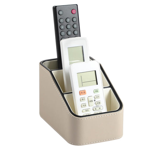 NICLNGSH PU Leather Remote Control Holder, Small Desk Organizer Office Supply Bedside Caddy for Nightstand End Table Couch, Pen Remote Organizer with 3 Compartments (Beige)