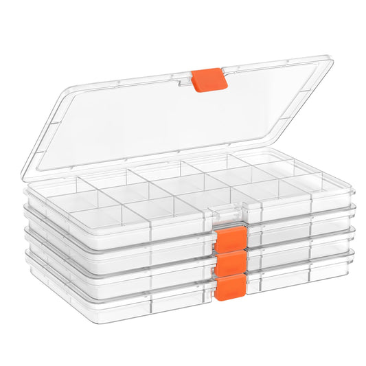 Moon Magpie 2PACK Extra Thick Bead Organizers, 15 Grid Mini Clear Plastic Storage Box Craft Containers for Nail jewelry rhinestones DIY Supply Case