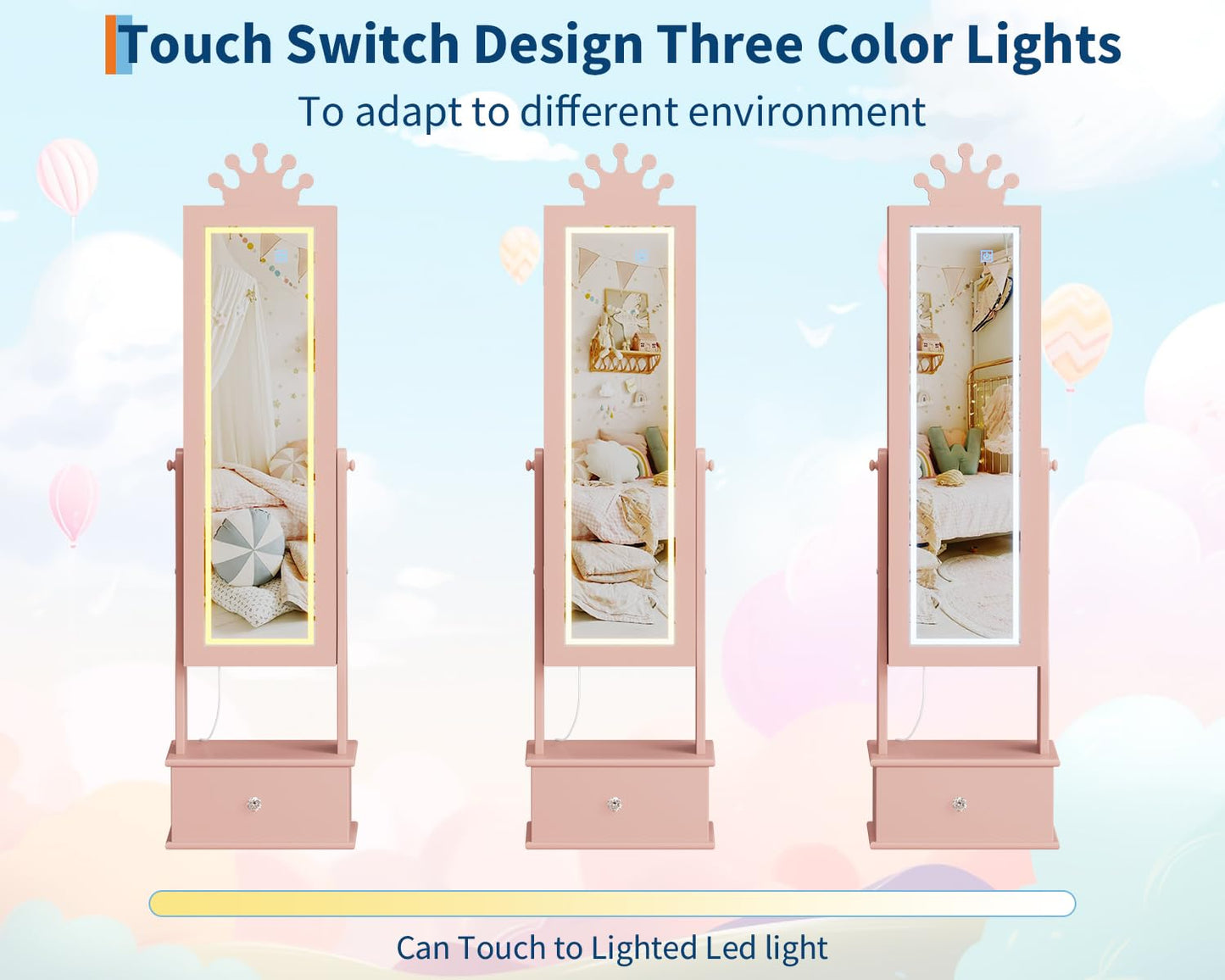 GarveeHome Kids Jewelry Armoire,Child Jewelry Cabinet with Led Light,Freestanding Jewelry Organizer with Full-Length Mirror,3 Storage Drawers,Kids Vanity Dress Up Jewelry Cabinet for Girls（light Pink