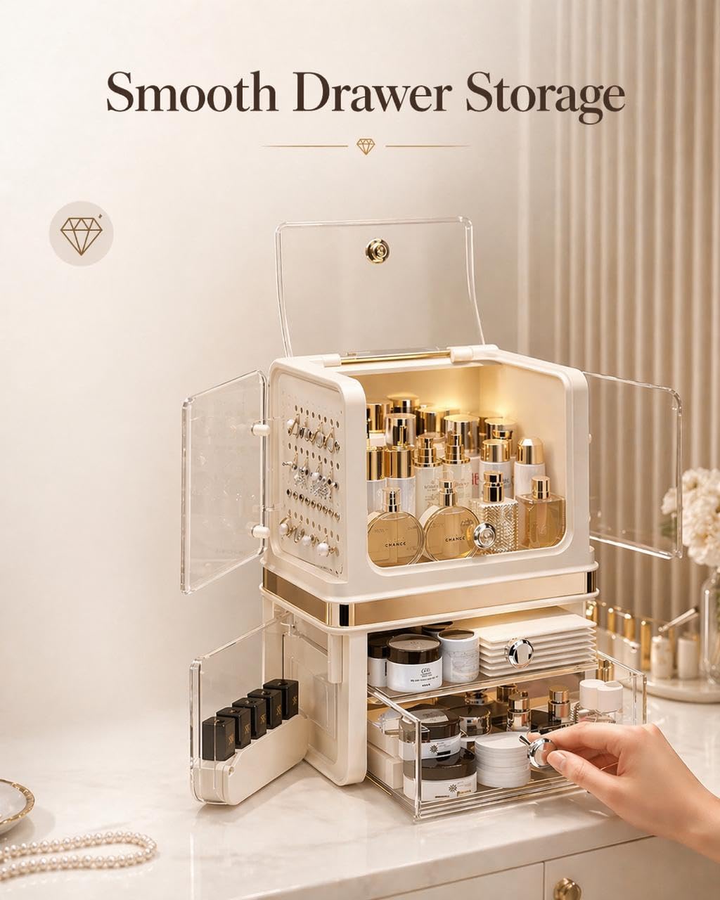 Makeup Organizer with Drawers, Large Acrylic Dustproof Cosmetic Storage Box with Lid, 2-Layer Vanity Organizer for Skincare, Perfume & Bathroom Countertop (28.5 × 20 × 38 cm)