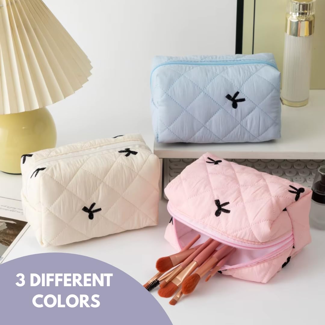 LUCKAYA 6 Pc Bulk Quilted Makeup Bag Set with Trendy Bow design for Women & Girls, Travel Cosmetic Bags, Bridesmaid Gift Set, Party Favor Makeup Pouches, Trendy Makeup Organizer for Toiletries (Blue)