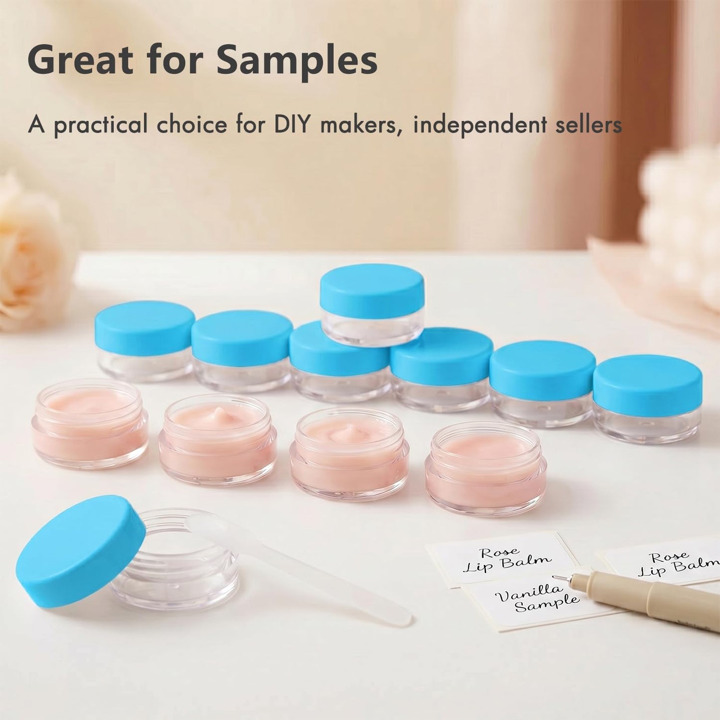 3 Gram Sample Containers with Lids, 100 Count Tiny Sample Jars, Empty Lip Balm Containers, Mini Cosmetic Container with Lids, Makeup Travel Container with Labels, Mini Disposable Spatulas